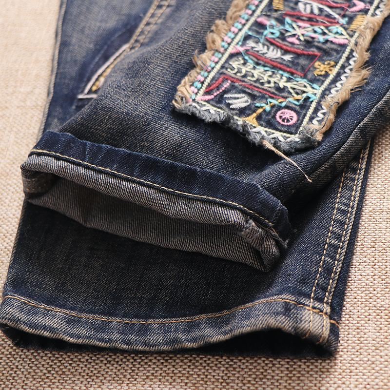 Patch Retro Luźne Spodnie Jeansowe Casual Proste