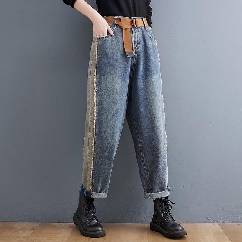 Plus Size Jesień Zima Patchwork Luźne Spodnie Jeansowe