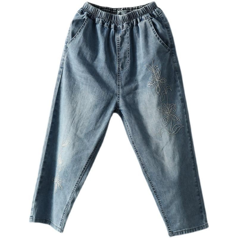 Retro Haft Dorywczo Denim Spodnie Harem