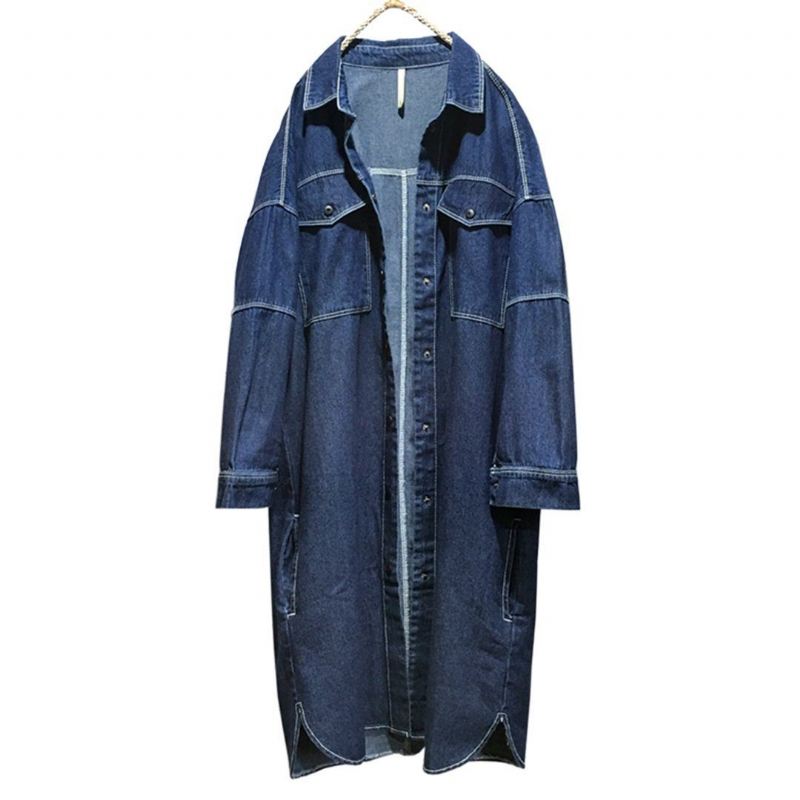 Denim Solid Singal Breated Luźny Płaszcz Damski