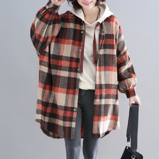 Plus Size Plaid Z Kapturem Jesienny Płaszcz