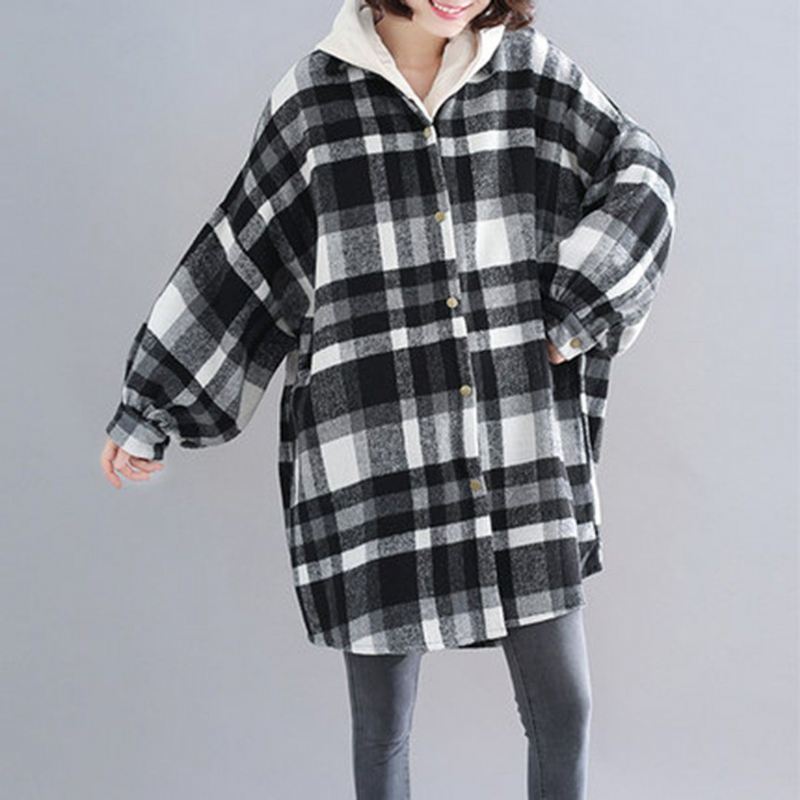 Plus Size Plaid Z Kapturem Jesienny Płaszcz