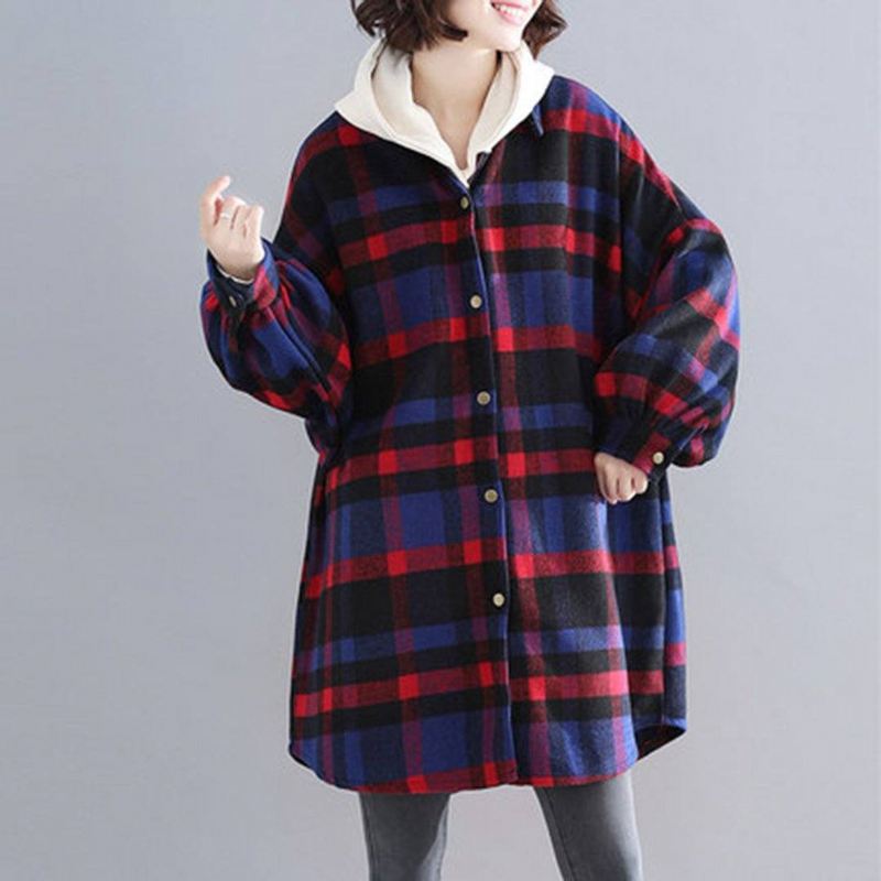 Plus Size Plaid Z Kapturem Jesienny Płaszcz