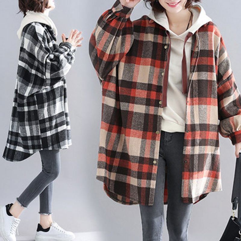 Plus Size Plaid Z Kapturem Jesienny Płaszcz