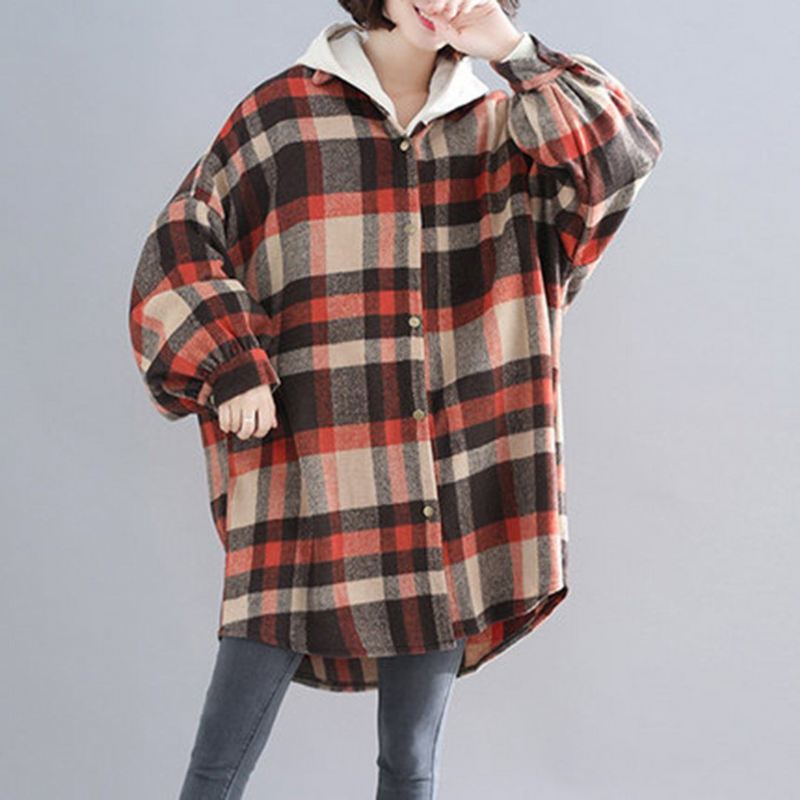 Plus Size Plaid Z Kapturem Jesienny Płaszcz