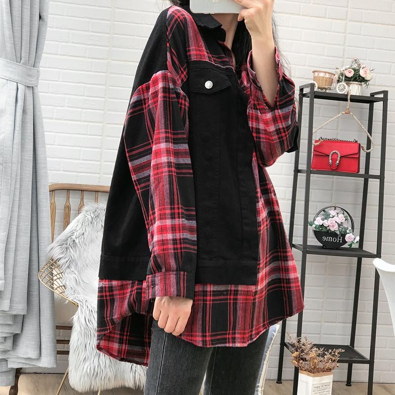 Plus Size Wiosna Jesień Plaid Luźny Bawełniany Płaszcz Dżinsowy