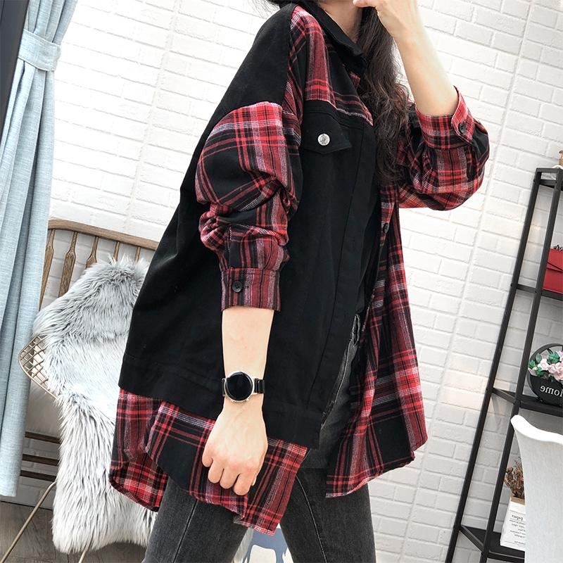 Plus Size Wiosna Jesień Plaid Luźny Bawełniany Płaszcz Dżinsowy