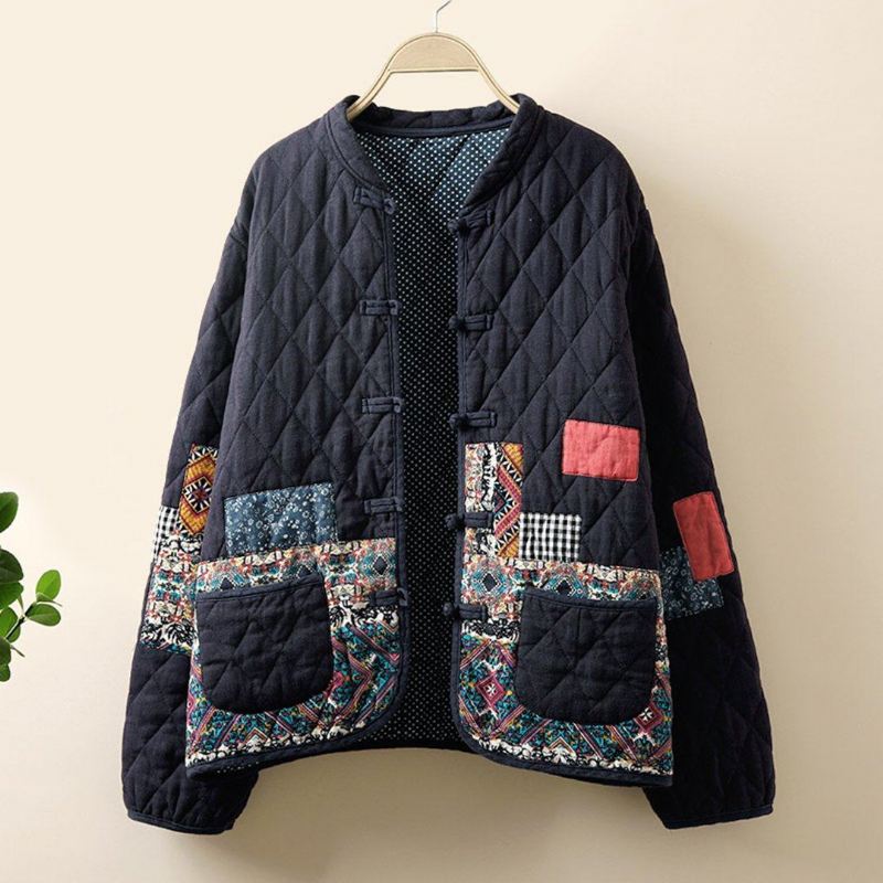 Styl Narodowy Patchwork Luźny Gruby Płaszcz W Stylu Casual