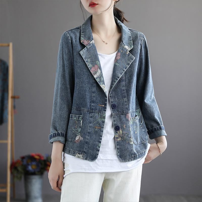 Wiosna Jesień Retro Patchwork Kwiatowy Bawełniany Denim Marynarkę