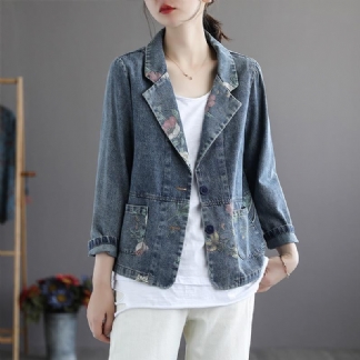 Wiosna Jesień Retro Patchwork Kwiatowy Bawełniany Denim Marynarkę