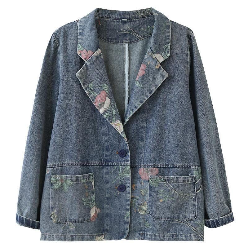 Wiosna Jesień Retro Patchwork Kwiatowy Bawełniany Denim Marynarkę