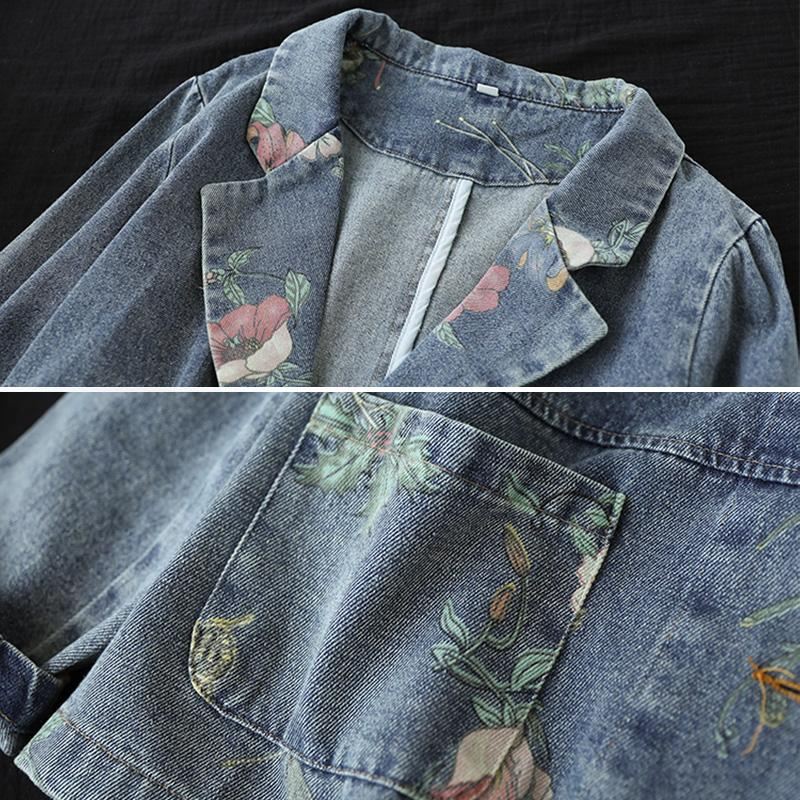 Wiosna Jesień Retro Patchwork Kwiatowy Bawełniany Denim Marynarkę