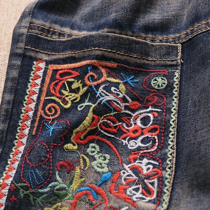 Patch Retro Luźne Spodnie Jeansowe Casual Proste