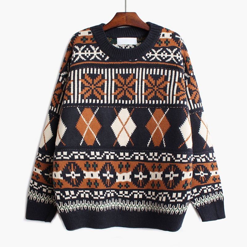 Geometryczny Luźny Sweter Z Dzianiny W Stylu Vintage