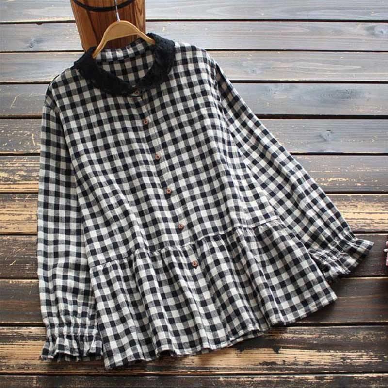 Kobiety Wiosna Retro Plaid Bawełniana Bluzka Lniana