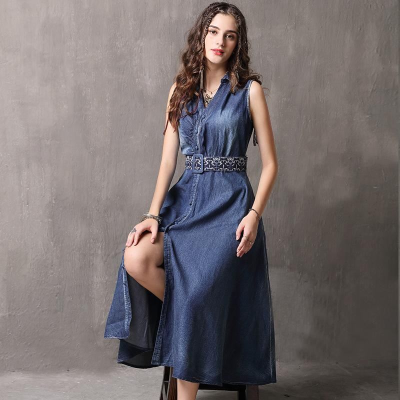 Bez Rękawów Denim Casual Retro Haftowana Sukienka