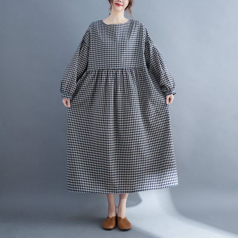 Plus Size Retro Plaid Wiosna Bawełniana Sukienka Lniana