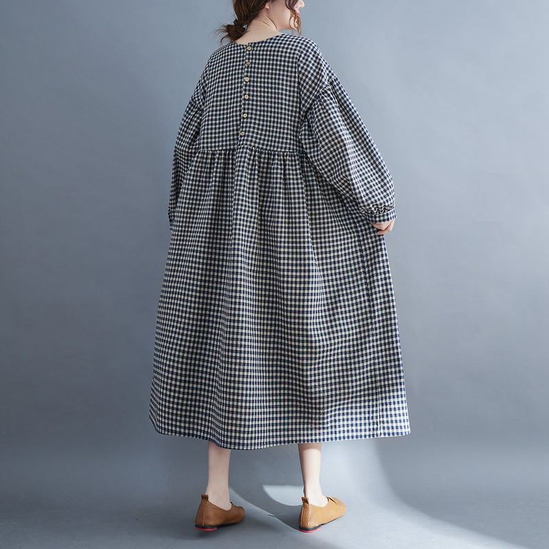 Plus Size Retro Plaid Wiosna Bawełniana Sukienka Lniana