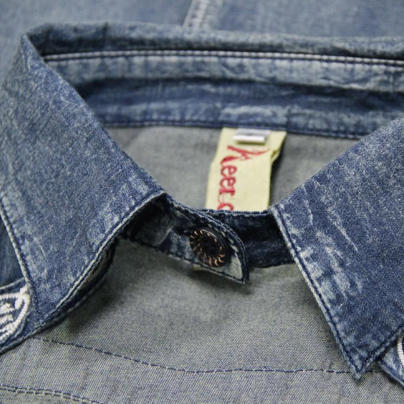 Polo Kołnierz Drewniana Klamra Vintage Haft Denim Sukienka Z Długim Rękawem