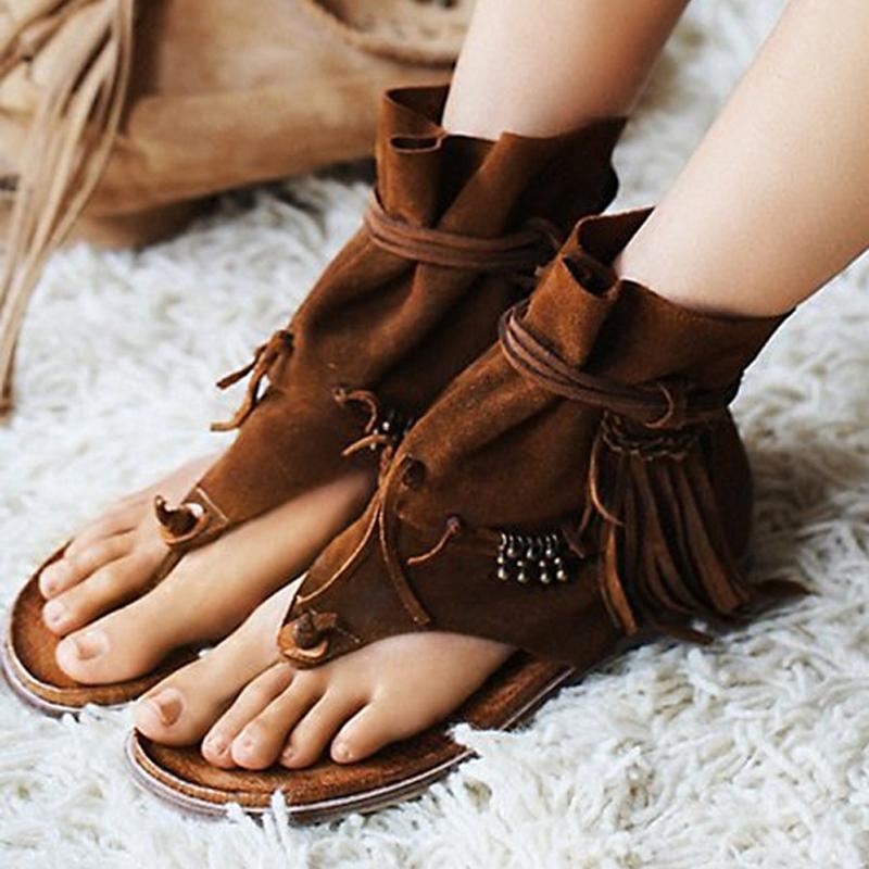 Kobiety Lato Rzym Tassel Clip Toe Płaskie Buty Resort Holiday Sandały