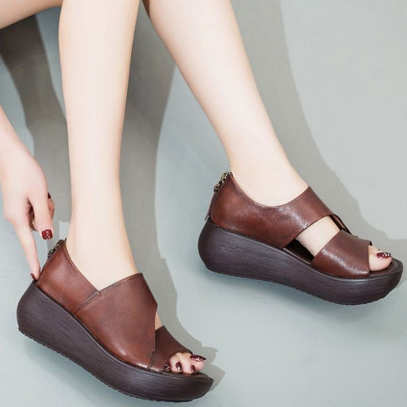 Peep Toe Wedge Casual Skórzane Sandały