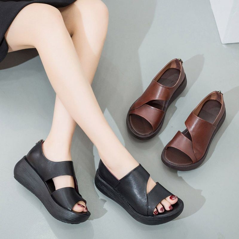 Peep Toe Wedge Casual Skórzane Sandały