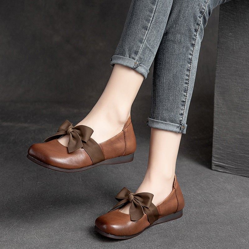 Wiosenne Retro Casual Bowknot Eleganckie Skórzane Mokasyny