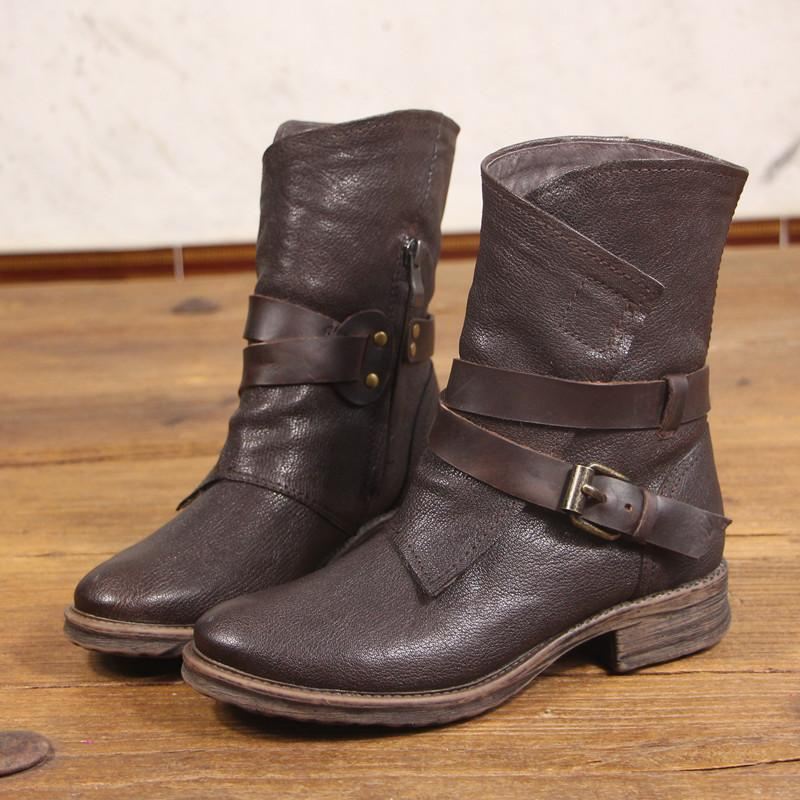 Vintager Ręcznie Robione Buty Motocyklowe Z Klamrą Na Pasek