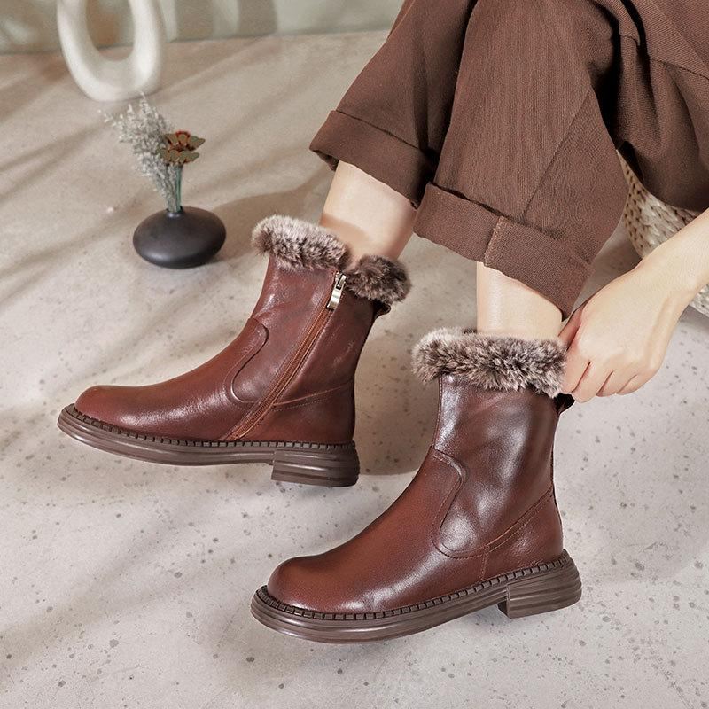 Zimowe Retro Skórzane Pluszowe Dorywczo Faux Fur Botki Boots