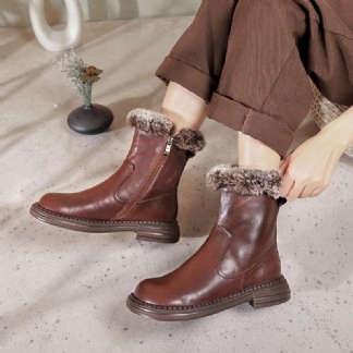 Zimowe Retro Skórzane Pluszowe Dorywczo Faux Fur Botki Boots