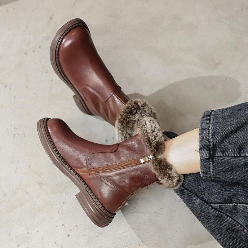 Zimowe Retro Skórzane Pluszowe Dorywczo Faux Fur Botki Boots