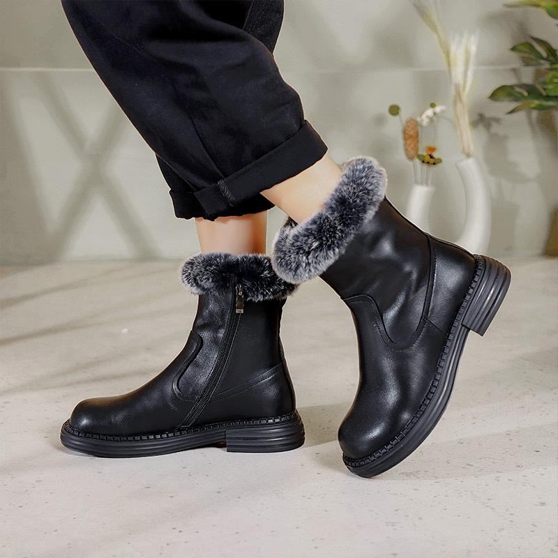 Zimowe Retro Skórzane Pluszowe Dorywczo Faux Fur Botki Boots