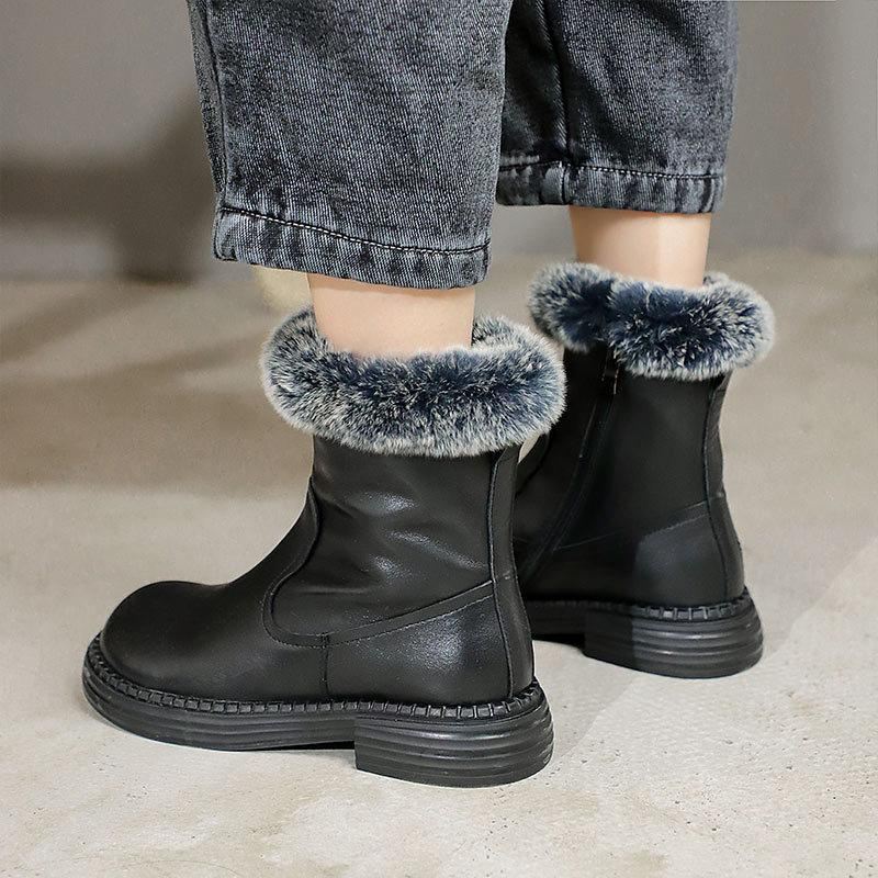 Zimowe Retro Skórzane Pluszowe Dorywczo Faux Fur Botki Boots