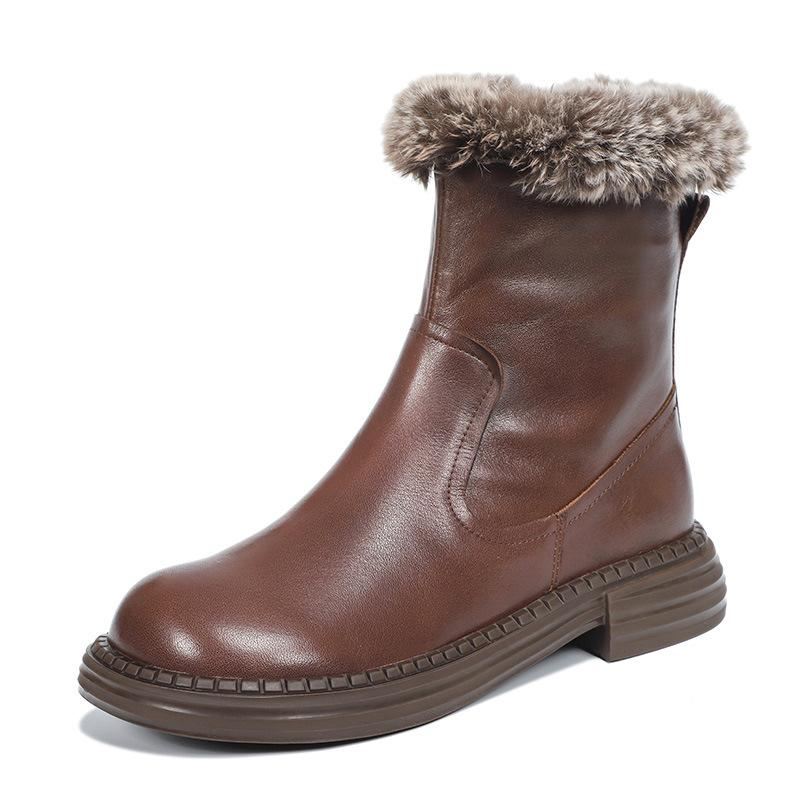 Zimowe Retro Skórzane Pluszowe Dorywczo Faux Fur Botki Boots